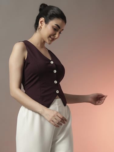 Image of Trend Arrest.ed Women's V-Neck Waistcoat | Button-Down Sleeveless Top | Premium Stretchable Lycra Formal & Casual Layer