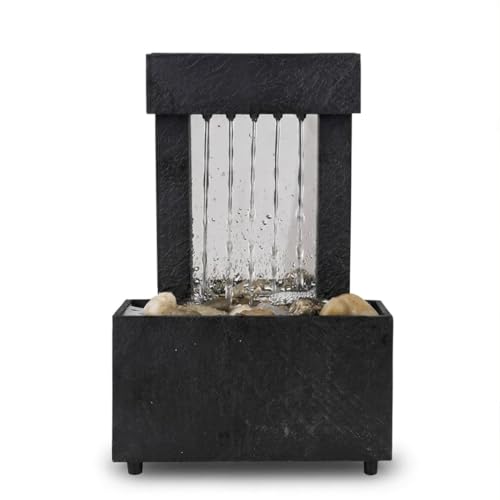 Fuente de Agua Decorativa de Interior Modelo Patio con Luz LED, 11x9x7,5 cm, Fuente Zen Compacta con Piedras Naturales para Sobremesa, Salón, Oficina y Decoración Feng Shui