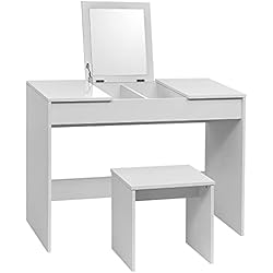 WOLTU Juego Tocador de Maquillaje con Taburete y Espejo Plegable, Mesa Maquillaje de Madera de Alto Brillo, 100x45x76cm, Escritorio Tocador Moderno para Dormitorio, Blanco MB6047ws