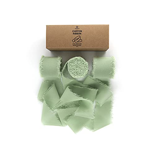 Vitalizart 3 Rolls Handmade Fringe Chiffon Silk Ribbon 1.5  x 7Yd Sage Green Ribbons Set for Wedding Invitations, Bridal Bouquets, Gifts Wrapping, DIY Crafts
