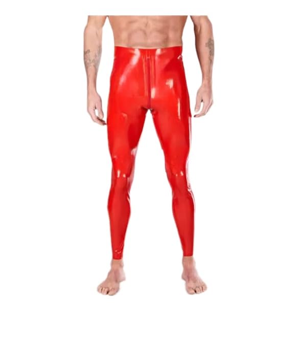 Rote handgemachte Latex-Leggings mit durchgehendem Reißverschluss im Schritt, Enge Latex-Hosen für Männer