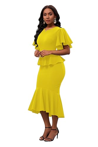 Image of Womens Summer Ruffle Short Sleeve Fishtail Dress Evening Cocktail Formal Peplum Midi Mermaid Dresses Elegant