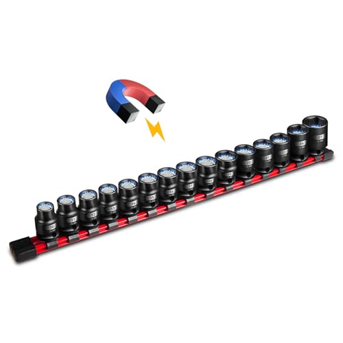 BLACKROBOT 1/2" Drive Magnetic Impact Socket Set, 15-Piece Shallow Socket Set with Storage Rail, Metric Size (10-22mm, 24mm, 27mm), 6-Point Magnetic Sockets, Cr-Mo Steel