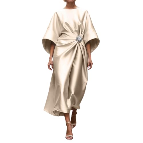 Image of Generisch Satin Dress Women's Long Elegant for Wedding Beads Beading Evening Dress Chic Dress Festive Party Dress Sheath Dress Cocktail Dress, beige, M