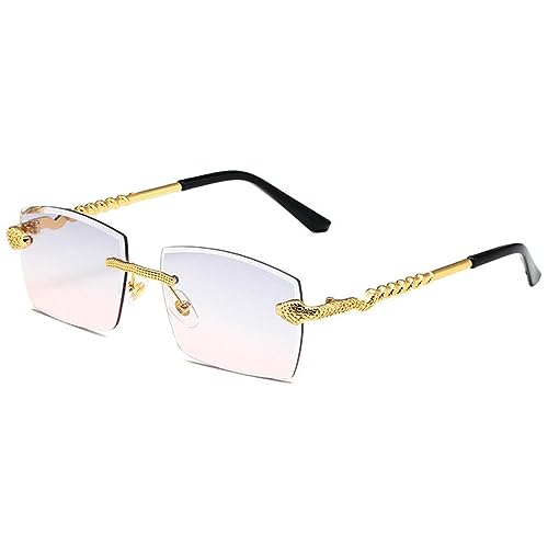 Polygon - Gafas de sol sin montura para mujer, decoración retro de serpiente, lentes transparentes para hombre, lentes de sol UV400, Gris y rosa, Talla única