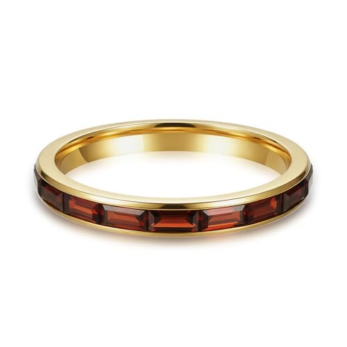 munone 2mm Channel Set Baguette Red CZ Eternity Ring for Women, 18K Gold Plated Minimalist Stackable Wedding Band