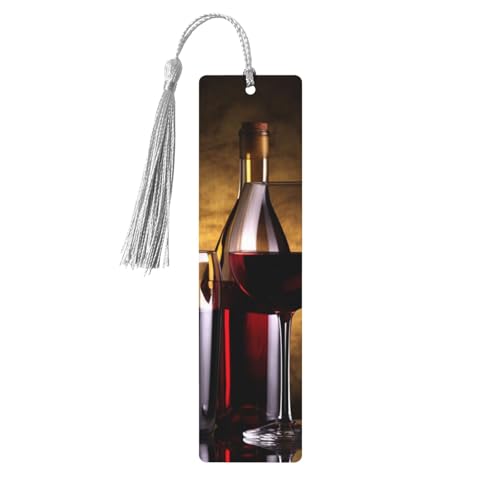 3本のワインボトルとグラスオーバーウッドブックマーク 男女兼用 読書用 木製しおり タッセル付きユニークなハンドメイドブックマーク タッセルペンダント付きクラフトブックマーク 本好きの誕生日教師へのギフトに