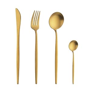 Buyer Star 16 Pieces Gold Cutlery Set,Matte Flatware Set Service for 4,Stainless Steel Silverware Set with Knives Spoons Forks, Dishwasher Safe