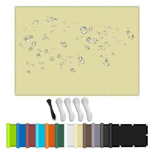 Sonnensegel Ohne Bohren, Markisenstoffe Meterware, Multi Farbe und Größe UV Schutz Sonnenschutz Markise Mit Ösen Und Kordel für Balkon Terrasse Garten Beige 2x5m