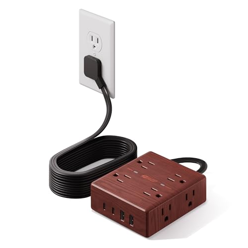 Brown Extension Cord 10Ft Flat Plug Power Strip Surge Protector 8 Outlet 4 USB Ports (2 USB C) Wall Mountable Decorative Wood Charging Station for Home Office Desk Accessories Wood Grain