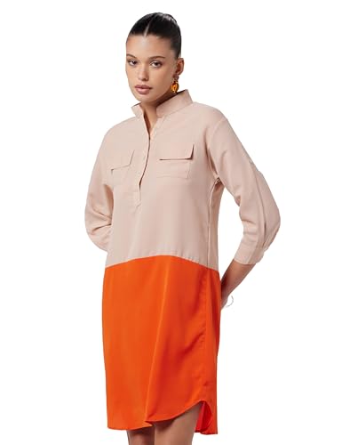 Image of Miss Chase Women's Beige and Orange Round Neck 3 /4 Sleeves Solid Colorblock Mini Shift Dress