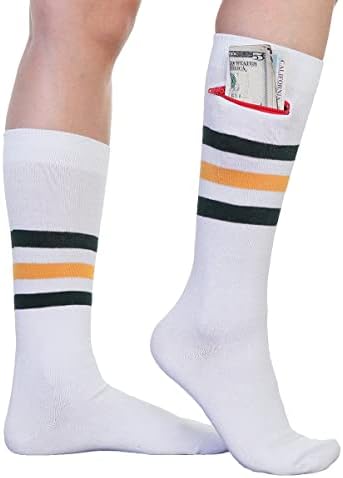 Pocket Socks Unisex with Zip Security Pocket for ID, Key or Cash, One Size Fits Most - 2 Pack Bundle White Sports Stripes image 5
