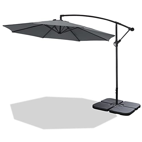 Image of XEMQENER 3M Cantilever Parasol with Cross Base and 4 x 15L Weights Included - Large Hanging Banana Garden Umbrella Set with 360° Rotation, UPF 50+ Waterproof Sun Parasol for Patio, Anthracite Grey