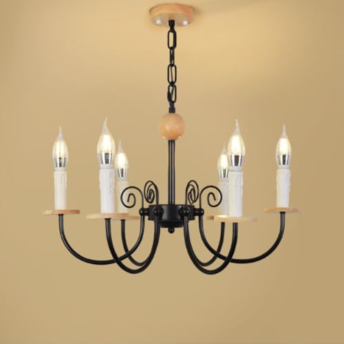 Lustre suspendu 6 lampes en fer forgé et bois brut décoration boule diamètre 56cm douille E14
