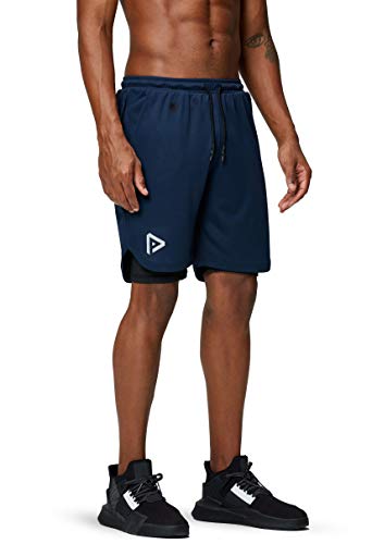 Pinkbomb Men's 2 In 1 Running Shorts Gym Workout Quick Dry Mens Shorts With Phone Pocket (Navy Blue, Large) #TOP3