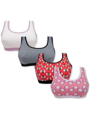 DChica Girls Cotton Starter Bra | Lightweight Single Layer Training Bra for Teenagers | Printed & Solid Broad Strap Beginner Bra - Pack of 4, Large Size