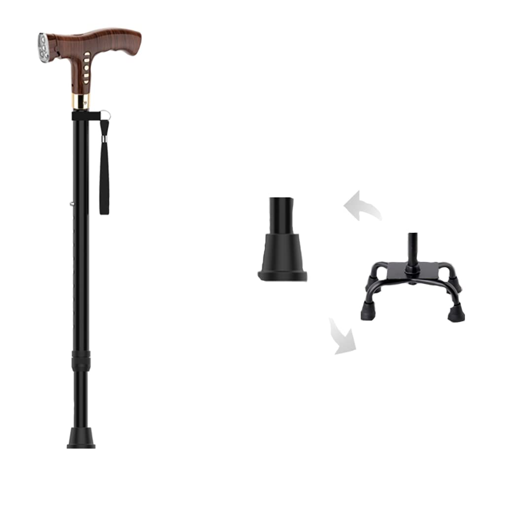 Utopone Lightweight Crutches Single/Four-Legged Base Interchangeable Adjustable Led Automatic Fall Alarm 10-Level Height Adjustable with Shock-Absorbing Base Black Walnut Wood Grain Handle