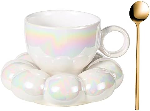 FXGOING Ceramic Coffee Mug Set with Spoon, Creative Novelty Cute Cup with Sunflower Cloud Coaster for Office Home, 6.5 oz for Tea Latte Milk Yogurt, Gift for Birthday (Pearl White)