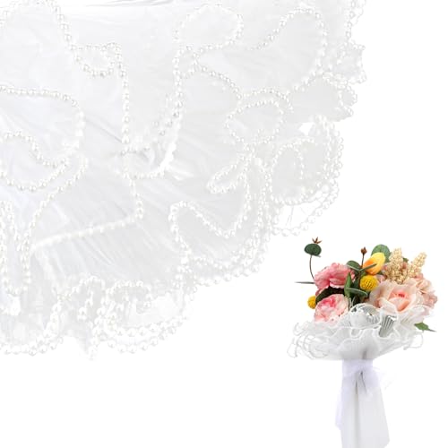 KALIONE 4.37 Yards Bouquet Wrapping Paper Pearl Edge Wrinkled Flower Mesh Wrapping Paper Multi-purpose Ruffle Yarn Floral Wrapping Paper for Flower Bouquet DIY Crafts Decorations(white)