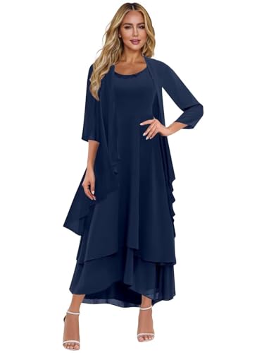 2 Pieces Mother of The Bride Dresses with Jacket for Wedding Party Guest Tiered Chiffon Formal Party Gown JH010