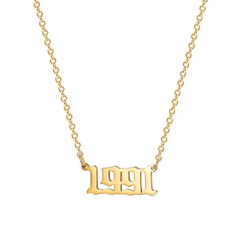 Glimmerst Birthday Year Necklace, 18K Gold Plated Stainless Steel Birth Year Number Pendant Necklace Memorable Anniversary Jewelry for Women 1991 Gold