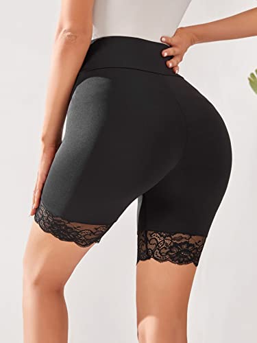 Makemechic Women's Lace Trim Wide Waistband High Waisted Biker Shorts Short Leggings Under Shorts Black S #TOP1