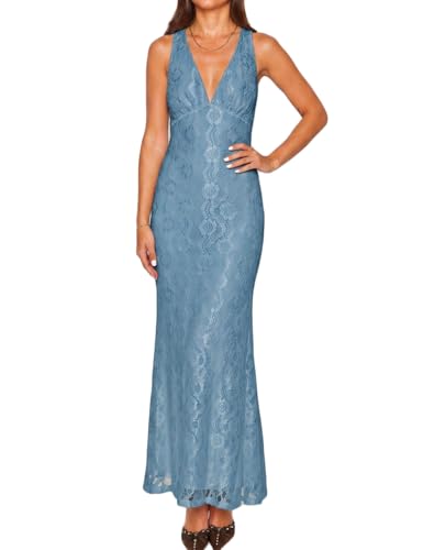 Image of Elegant Lace Floral V Neck Backless Bodycon Dresses for Women Sexy Cut Out Low Back Sleeveless Maxi Dress Wedding Guest