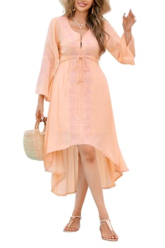 R.Vivimos Womens V Neck Bell Sleeve Vintage Floral Embroidered High Low Long Dresses Large Peach