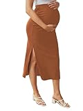 BEAUDRM Women's Maternity Skirt Skinny Skirt Elastic High Waist Split Midi Skirt Brown X-Large