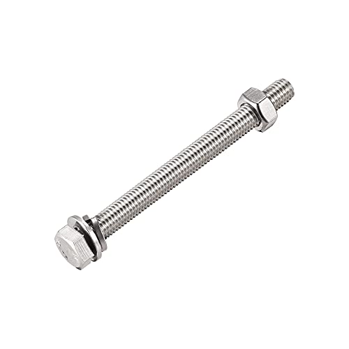 Image of uxcell M10 x 110mm Hex Head Screws Bolts, Nuts, Flat & Lock Washers Kits, 304 Stainless Steel Fully Thread Hexagon Bolts 6 Sets