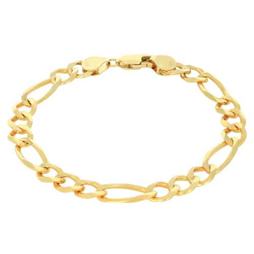 Nuragold 14K Real Yellow Gold Solid Figaro Link Chain Bracelet 7"-9" (2.25mm-9.5mm) Italian Jewelry for Men & Women - 9",6.5mm
