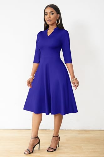 AOMONI Church Dresses for Women 3/4 Sleeve Fit and Flare Church Dress Knee Length Midi Dresses Blue2