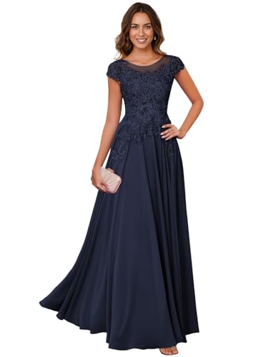 Image of Lace Applique Chiffon Mother of Bride Dresses - Short Sleeve Pleated Long Mother of The Groom Dress