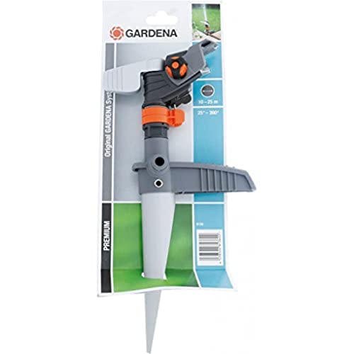 Arroseur-canon sur pic métallique Premium de Gardena : arroseur Premium pour l'arrosage de surfaces jusqu'à 490 m², réglage en continu de la portée jusqu'à 12,5 m (8136-20)