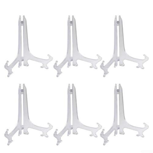 Yuanpgky Lot de 6 chevalets en plastique pour assiettes, cadres photo avec largeur réglable, design pliable en tailles de 10,2 cm, 15,2 cm, décoration d'intérieur transparente (15,2 cm)