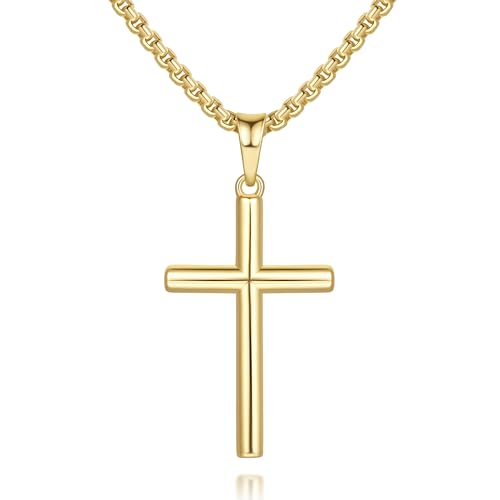 Gold Cross Necklace for Men Cross Necklaces for Men 14K Gold Mens Cross Necklaces Paired with 3MM Chain Dainty Crosses Chain Pendant Necklace for Mens 20/22/24in