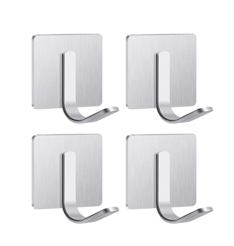 Image of Enclave Heavy Duty Adhesive Hooks, Stick on Wall Adhesive Hangers, Strong Stainless Steel Holder, Self Adhesive Hooks for Kitchen Bathroom Home Door Towel Coat Key Robe. (J Shape Silver, Pack of 4)