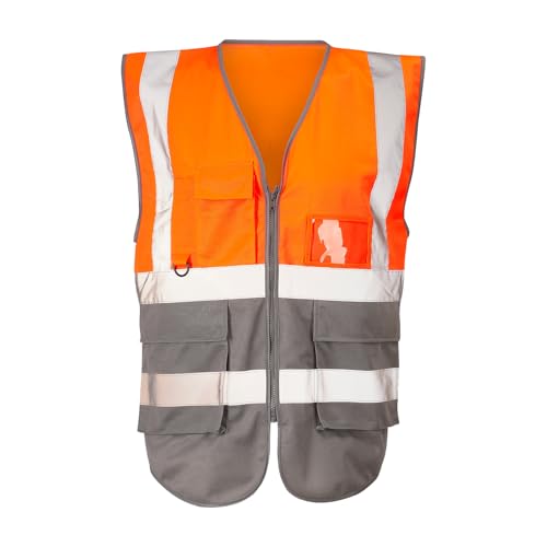 Expert Workwear Hi Vis Viz Zipped Executive Vest High Visibility Two Tone Reflective Safety Waistcoat Jacket Mobile Phone Pocket & ID Holder (UK, Alpha, L, Regular, Regular, Orange/Grey)
