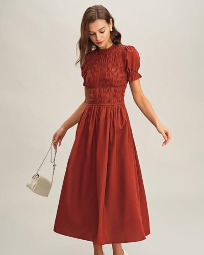 Image of RIHOAS Plaid Gingham Midi Dress Short Sleeve Smocked Dresses for Women | Cotton,Ruffle Puff Sleeves,Vintage Brown,Spring Summer Casual Daily,Picnic,Travel,Vacation,Christmas Festive Occasions