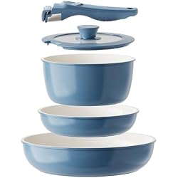 Redchef Ceramic Cookware Set, Removable Handle Pots and Pans Non-Stick, Rv Cookware Set, Non-Toxic Pots and Pans Set No PFAS, PTFE, PFOA, Detachable Pots and Pans, Dishwasher & Oven Safe(Blue)