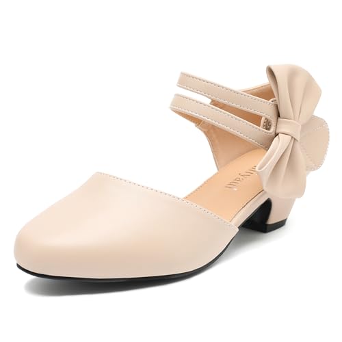 Women's Retro Bow Mary Jane Low Chunky Heel Pumps Closed Toe Ankle Strap D'Orsay Hook and Loop Side Bow Round Toe Dressy Wedding Party Shoes