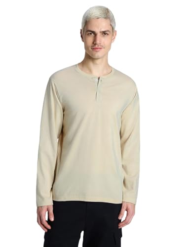 Image of Veirdo Pure Cotton Regular Fit Henley Neck Plain Solid Full Sleeve T-Shirt for Men & Boys (Color Options: Black, Red, Swanwhite, Navy Blue, White, Cork, Green, Maroon, Mustard, Royal Blue)