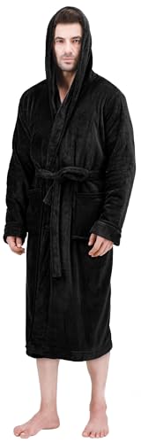 NY Threads Mens Robe with Hood, Luxury Plush Fleece Hooded Mens Bathrobe, Spa Bath Robe for Men, Large/X-Large, Black