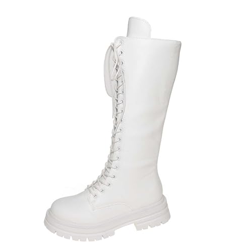 Generisch 2026 Botas altas hasta la pantorrilla, botines de invierno de moda con cordones, cómodos botines de plataforma con tacón grueso botas casuales de tobillo, Blanco, 42 EU