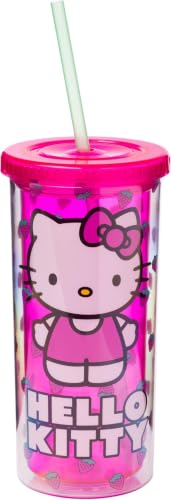 Image of Silver Buffalo Sanrio Hello Kitty Strawberry Pattern Plastic Cold Cup with Lid and Straw, 20 Ounces (Pack of 12)