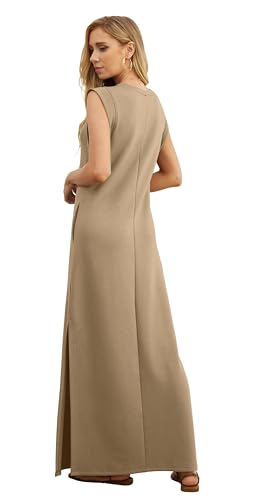 Image of GRECERELLE 2026 Women Year-Round Casual Round Neck Loose Split Wrinkle-Free Long Maxi Vacation Dress with Pockets (XXS-4XL)