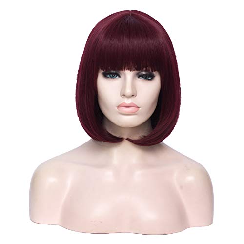 DWMGLP 12" Short Wine Red Straight Wigs Flat Bangs Bob Wig For Women Girls Heat Resistant Fiber Wigs Halloween Cosplay Daily Party+Cap (Wine Red)