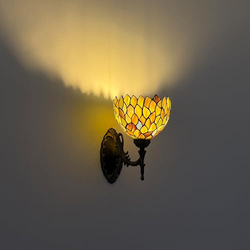 Image of Tiffany Wall Sconce Hand-Weld Stained Glass Bedside Lamp with Classic 8 Inches Wisteria Green Lampshade for Bedroom Hallway Living Room Home Office