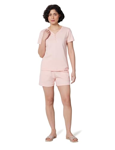 Image of Symbol Premium Women's Pure Cotton T-Shirt and Shorts Night Suit | Henley Neck | Two Piece Set |Regular Fit (Available in Plus Sizes)