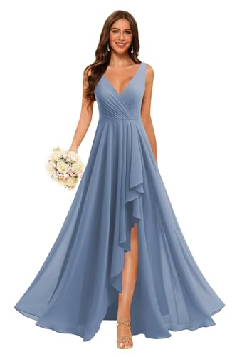 Image of Loyeloy Women's V Neck Bridesmaid Dresses with Slit 2025 Chiffon A-line Formal Evening Gowns with Pockets YJ212
